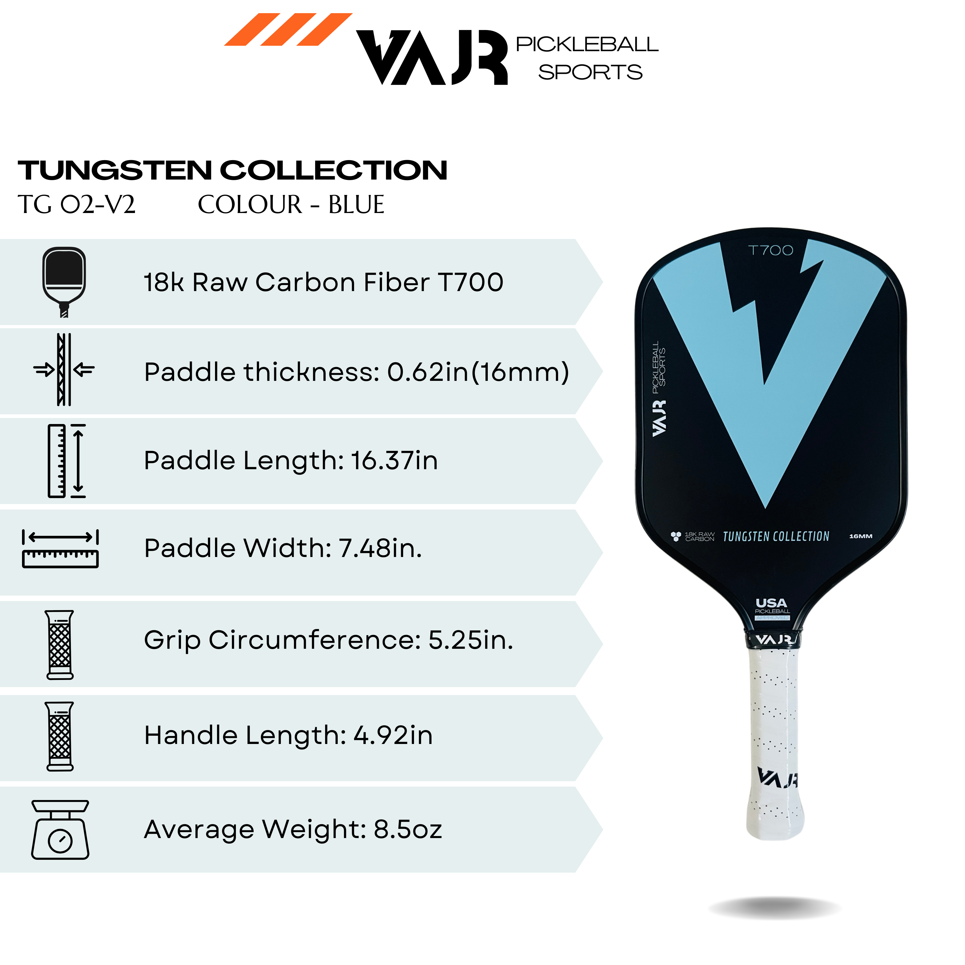 VAJR Tungsten Collection - Pickleball Paddle TG 02 - V2 - Blue