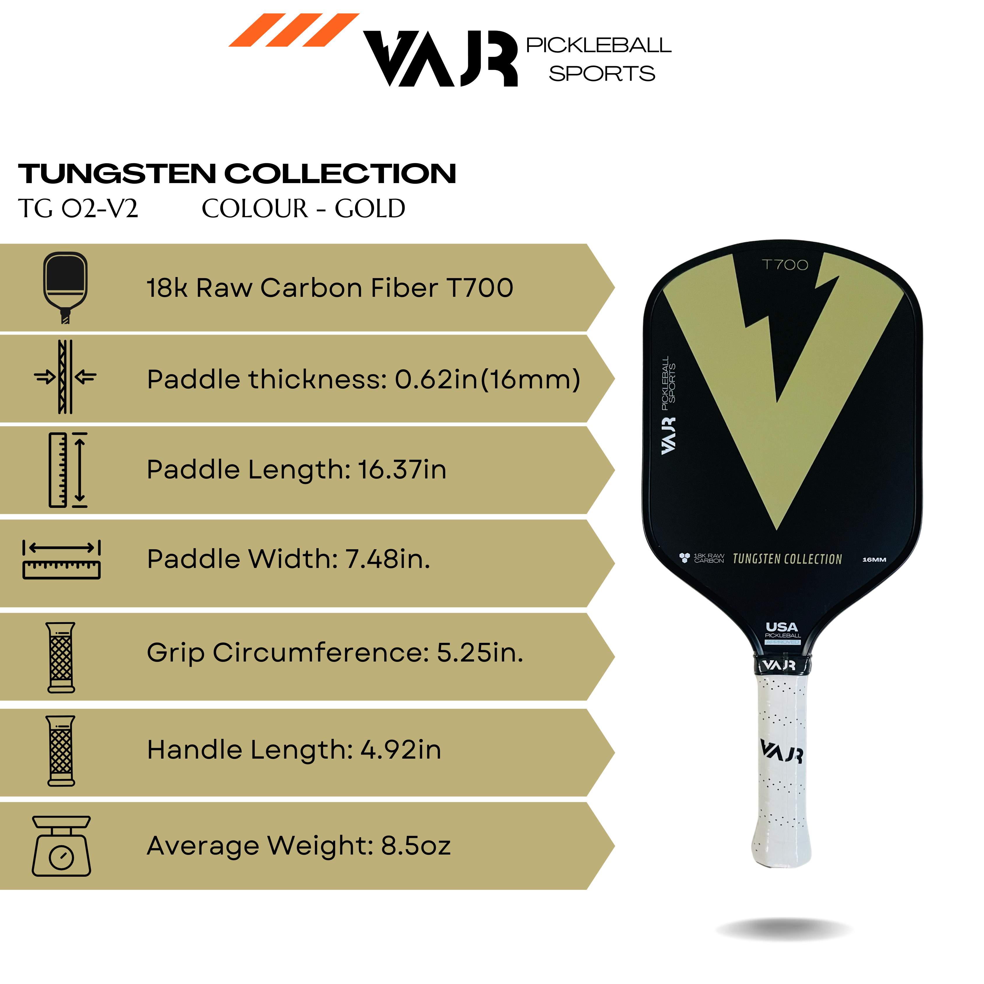 VAJR Tungsten Collection - Pickleball Paddle TG 02 - V2 - Gold