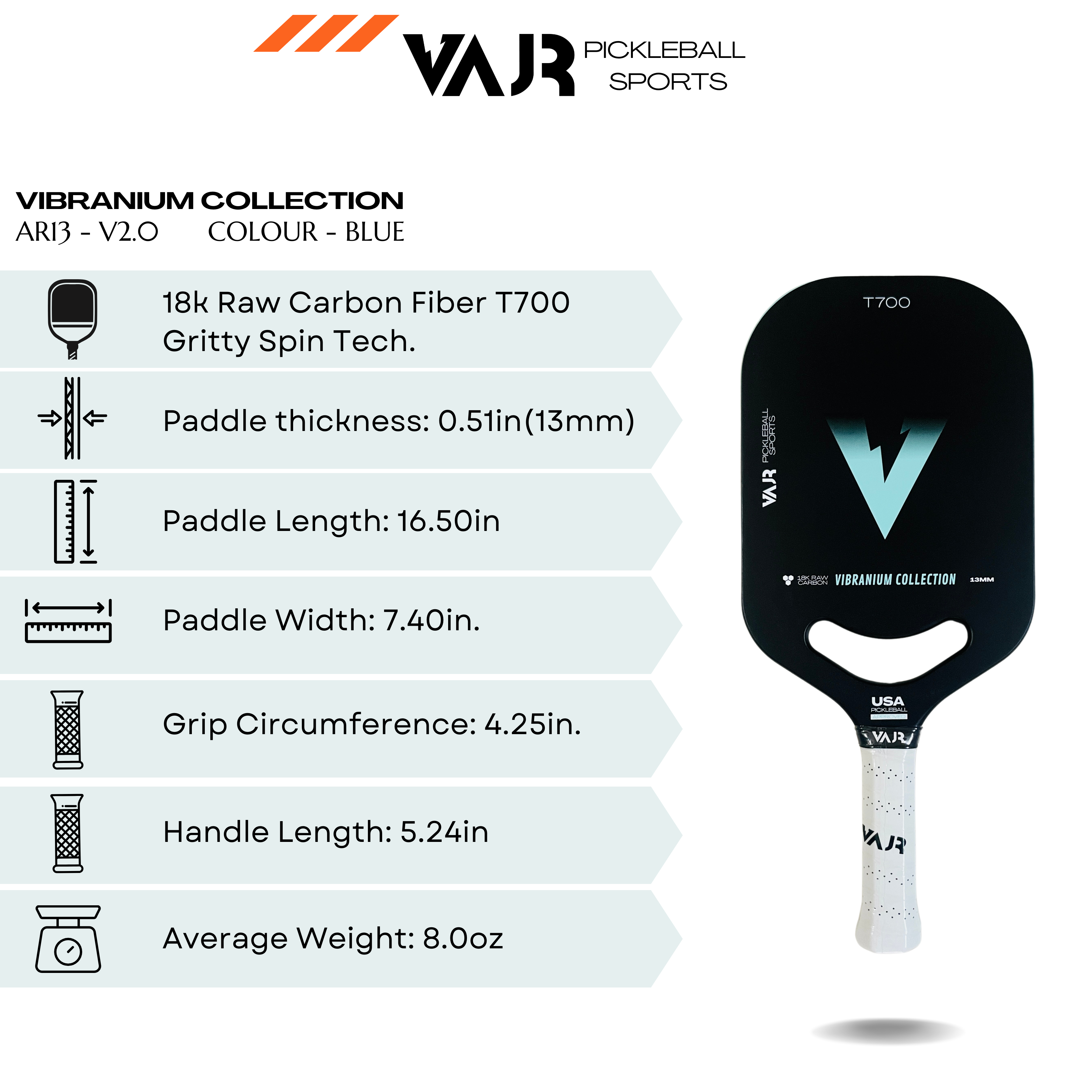 VAJR Vibranium Collection - Pickleball Paddle AR13 - V2 - Blue