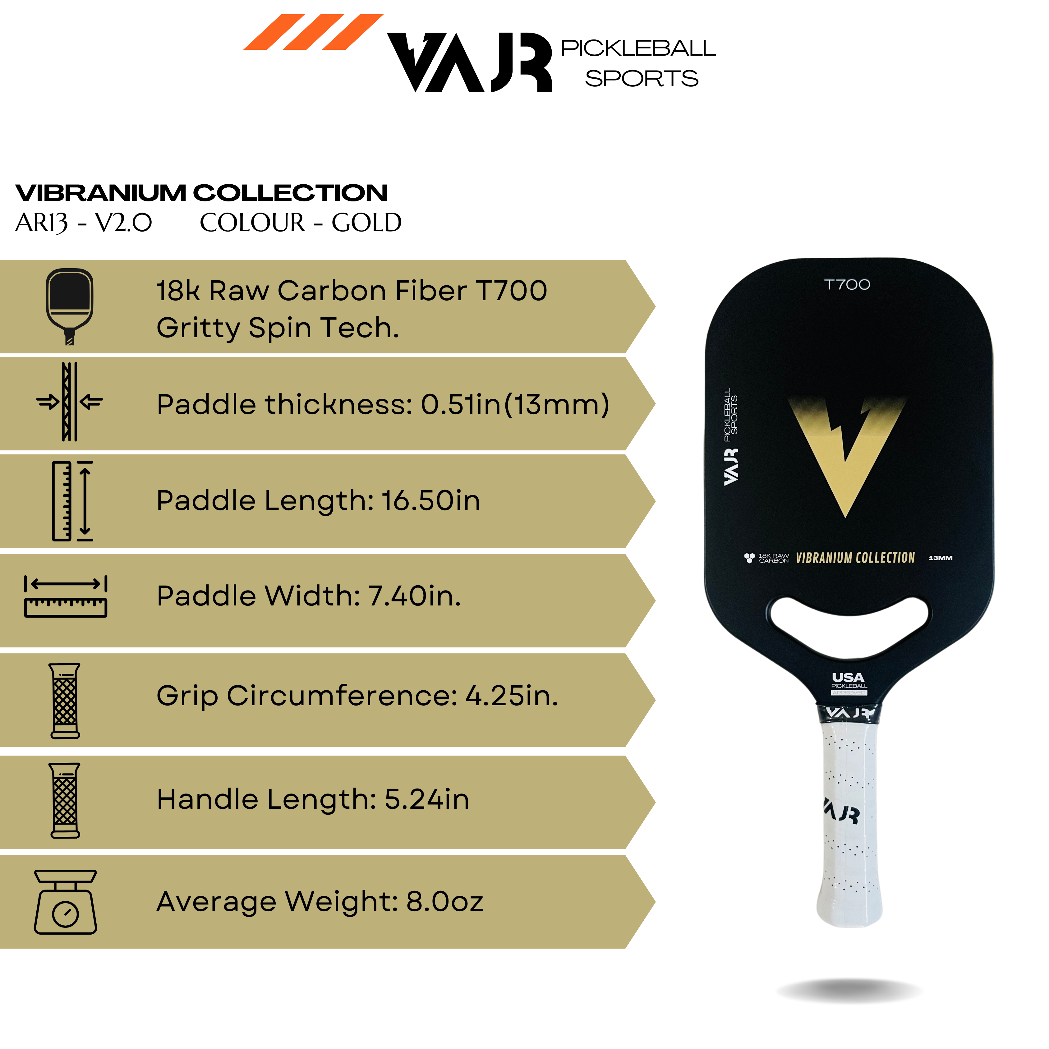 VAJR Vibranium Collection - Pickleball Paddle AR13 - V2 - Gold