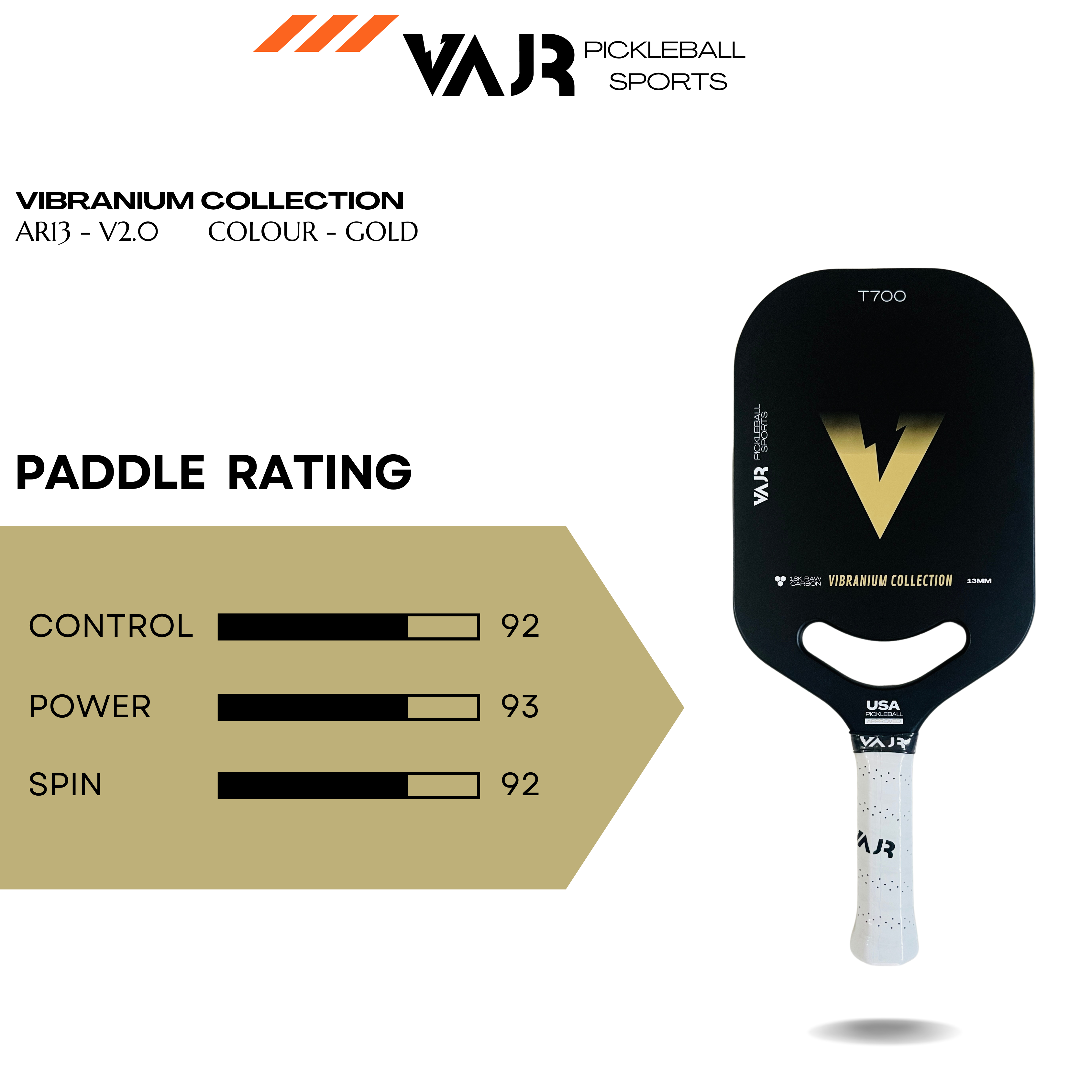 VAJR Vibranium Collection - Pickleball Paddle AR13 - V2 - Gold
