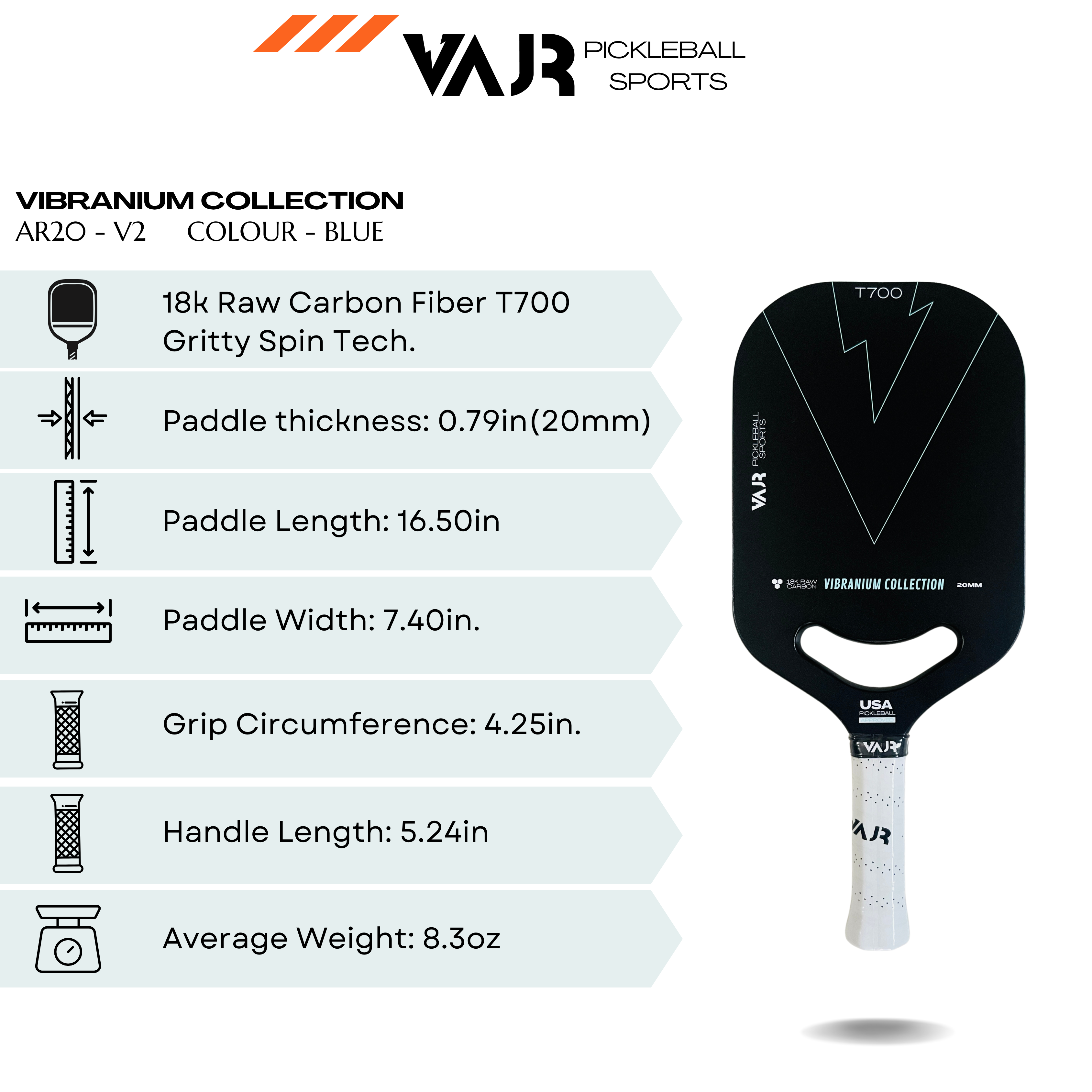 VAJR Vibranium Collection - Pickleball Paddle AR20 - V2 - Blue