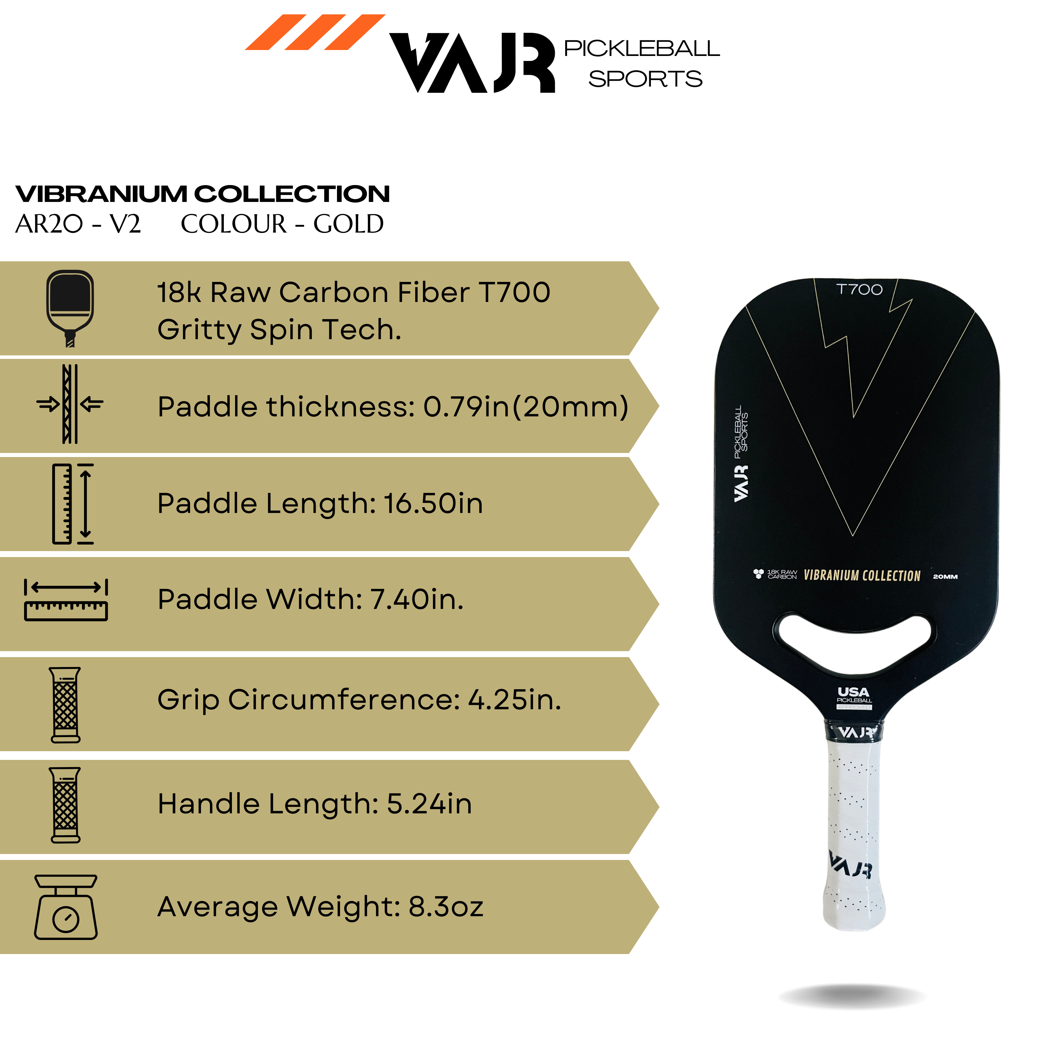 VAJR Vibranium Collection - Pickleball Paddle AR20 - V2 - Gold
