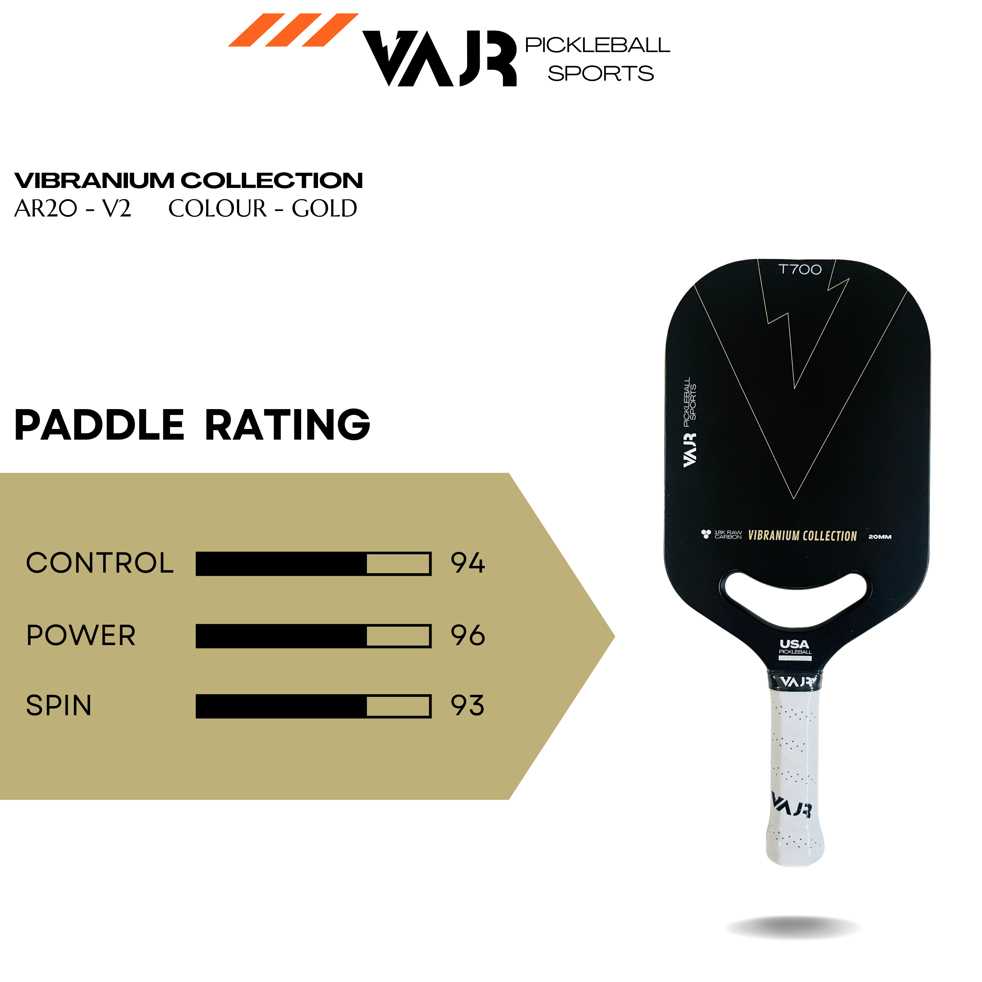 VAJR Vibranium Collection - Pickleball Paddle AR20 - V2 - Gold