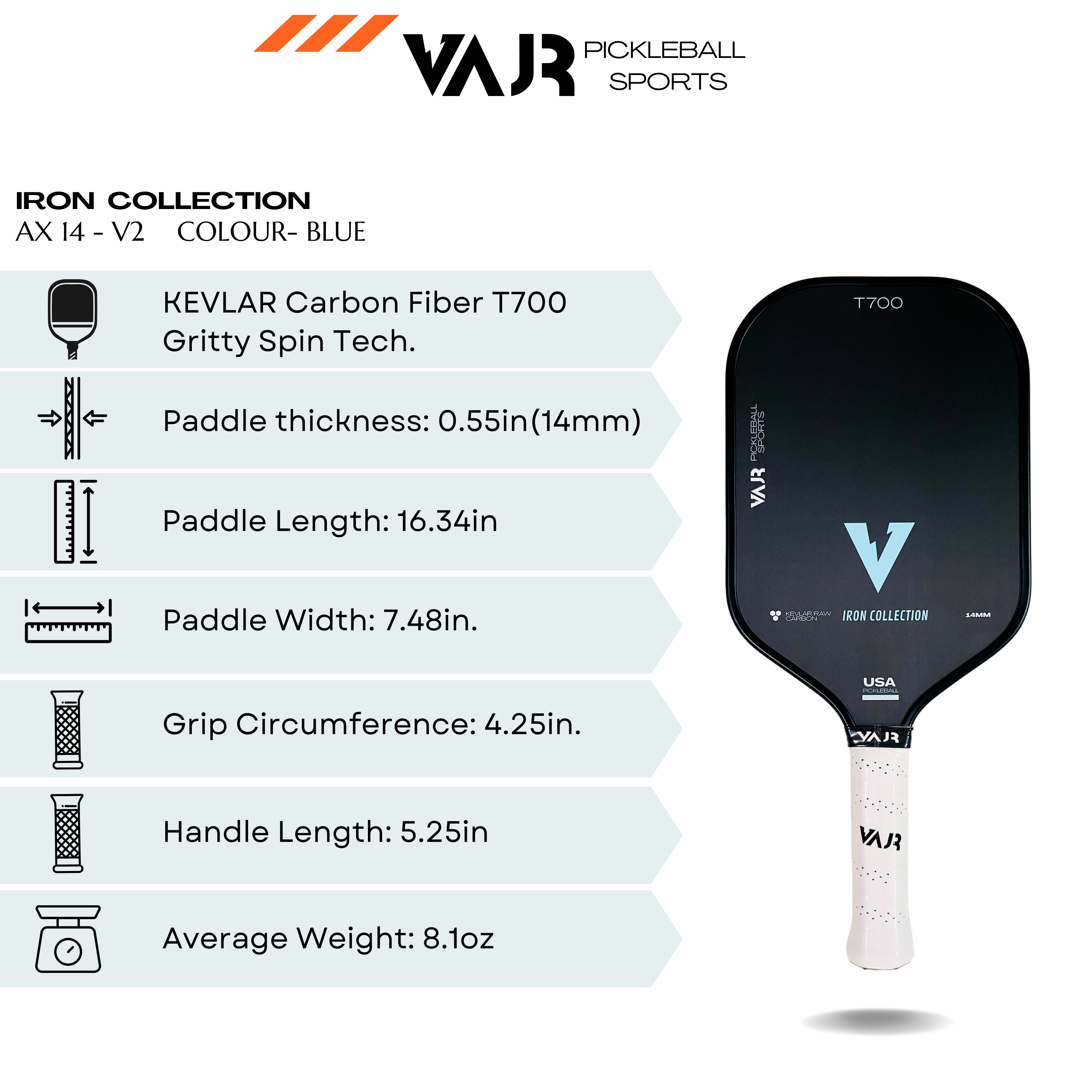 VAJR Iron Collection - Pickleball Paddle AX14 - V2 - Blue