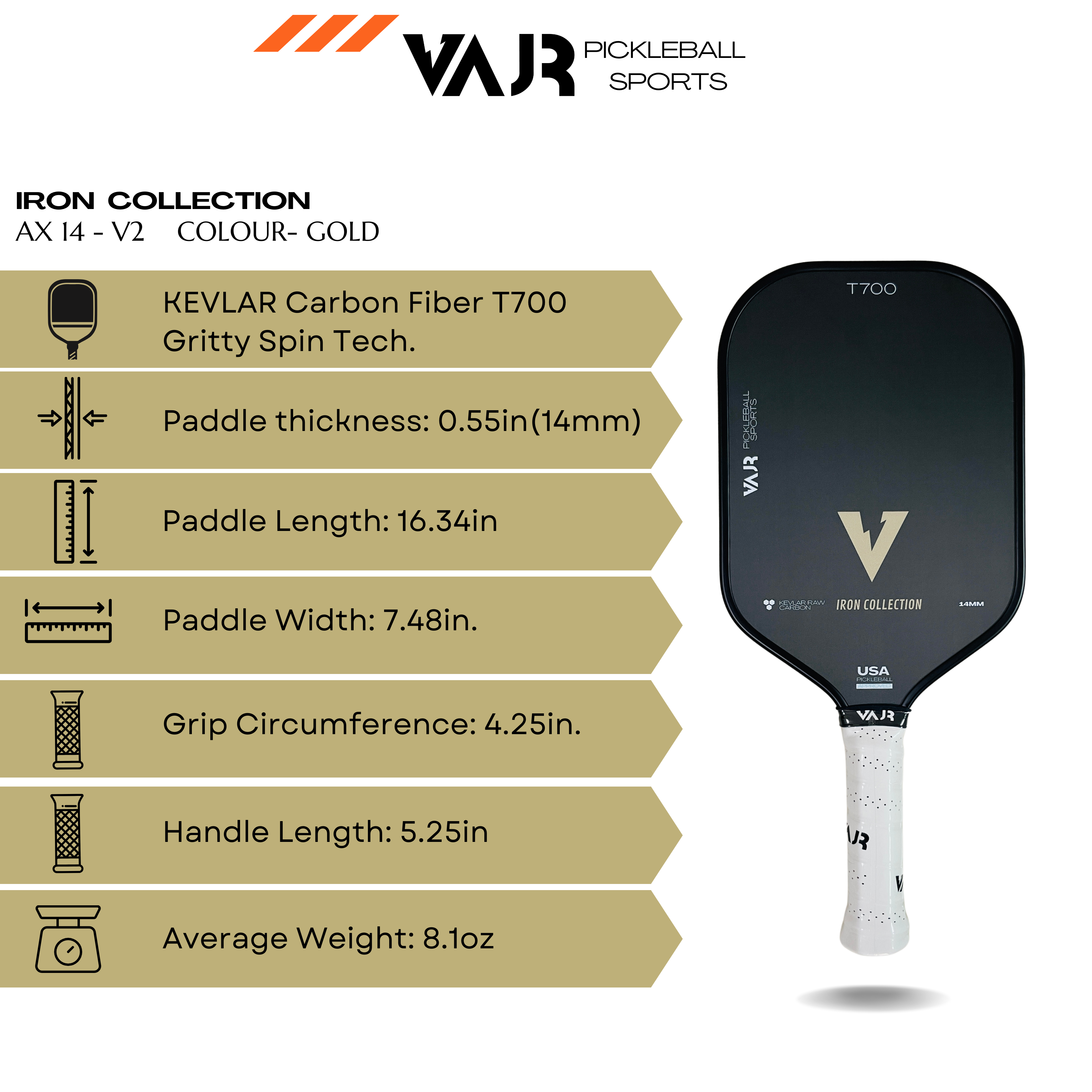 VAJR Iron Collection - Pickleball Paddle AX14 - V2 - Gold