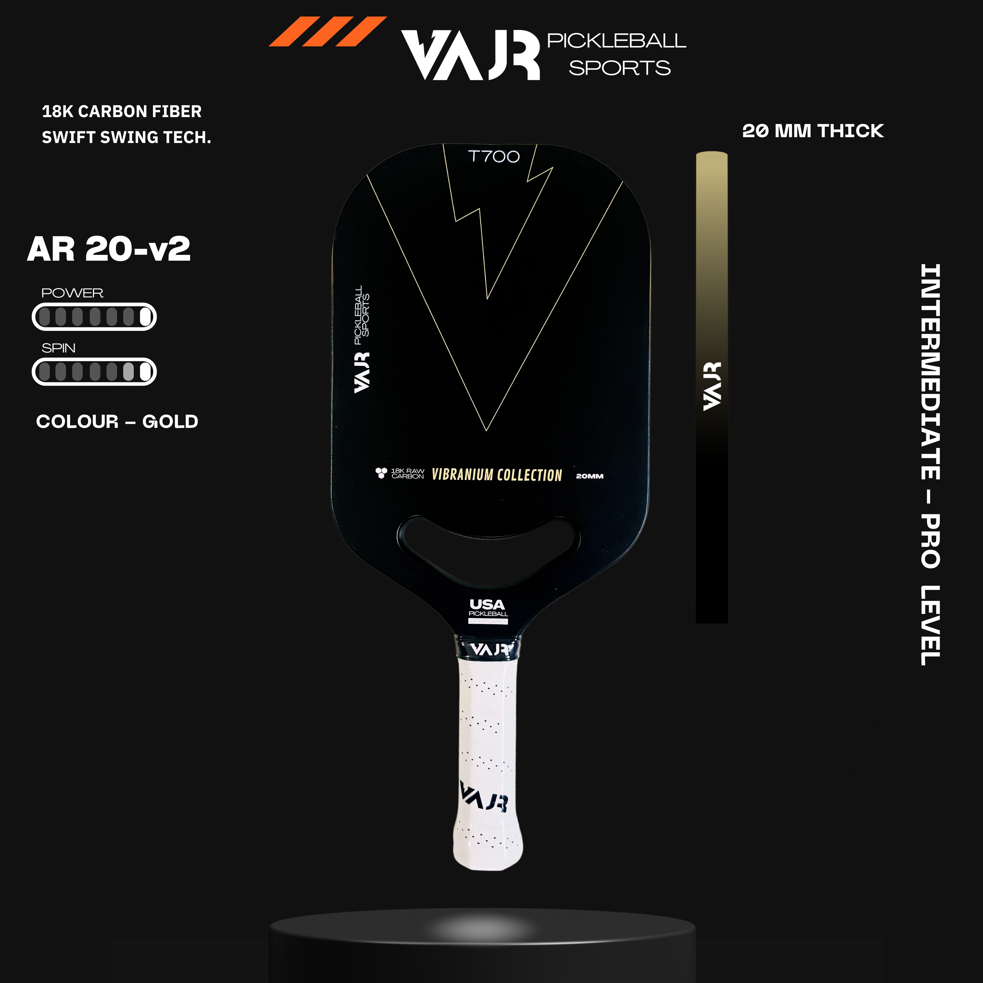 VAJR Vibranium Collection - Pickleball Paddle AR20 - V2 - Gold