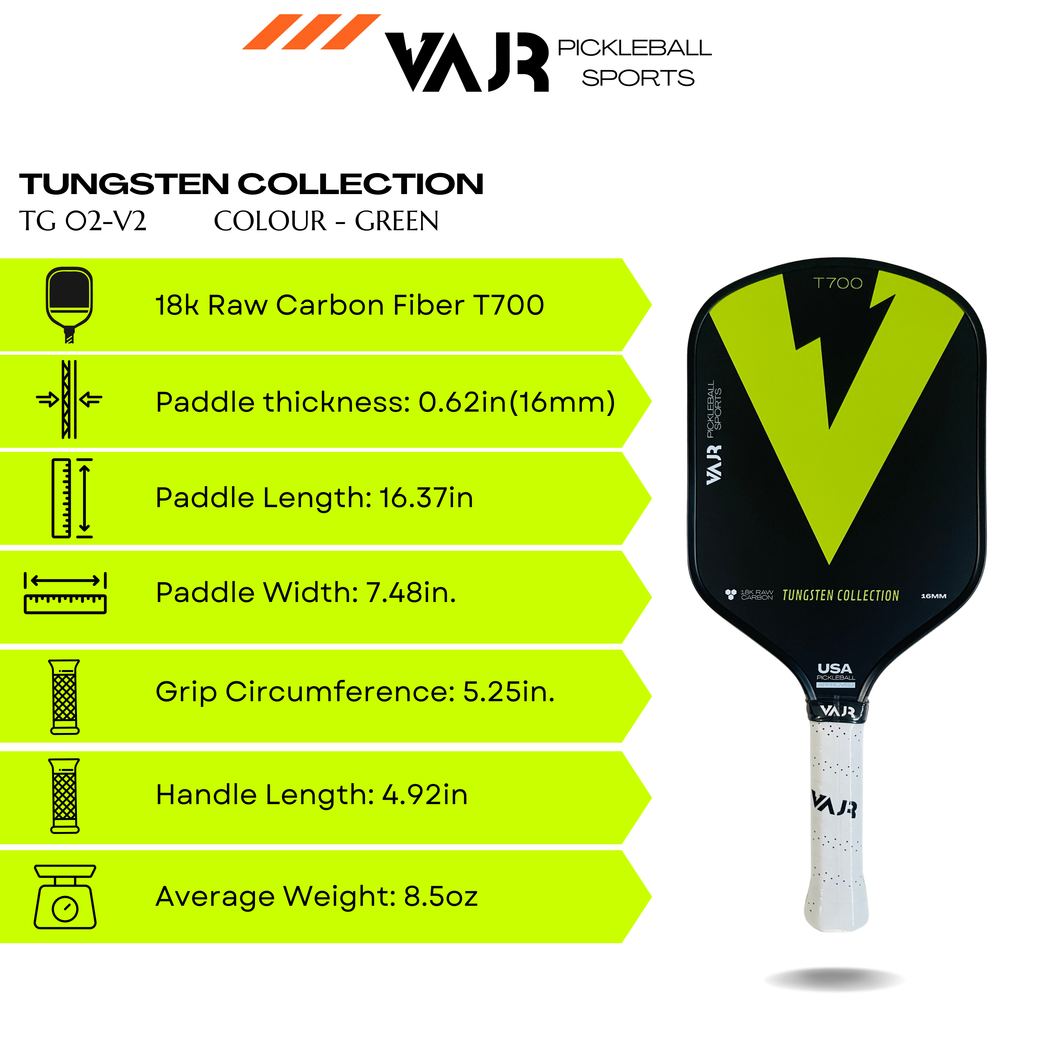 VAJR Tungsten Collection - Pickleball Paddle TG 02 - V2 - Green