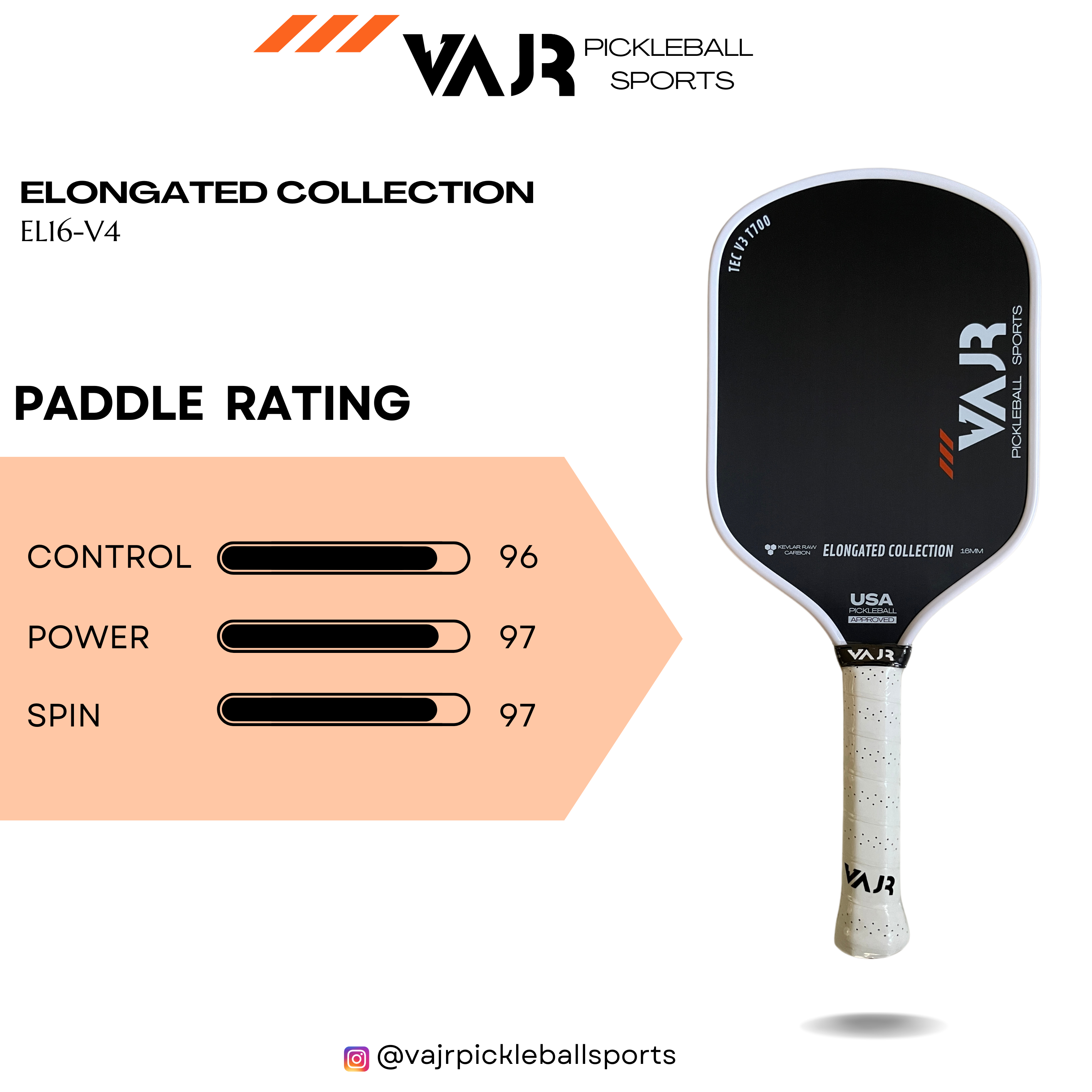 VAJR Elongated Collection - Pickleball Paddle EL 16 -V4 - Black&White