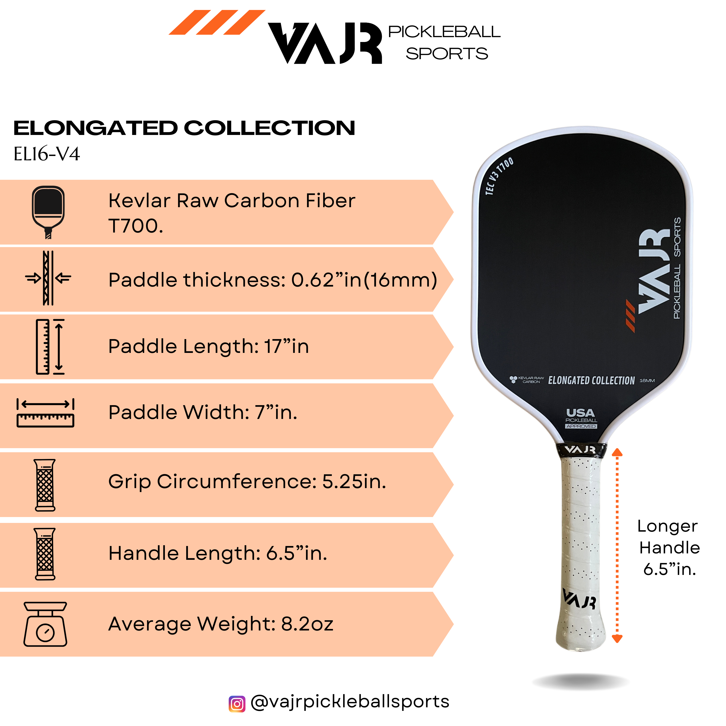 VAJR Elongated Collection - Pickleball Paddle EL 16 -V4 - Black&White